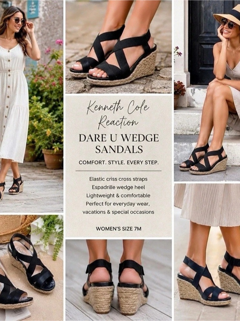 Kenneth Cole Reaction Size 7M Black Espadrille Wedge Sandals Criss Cross Boho